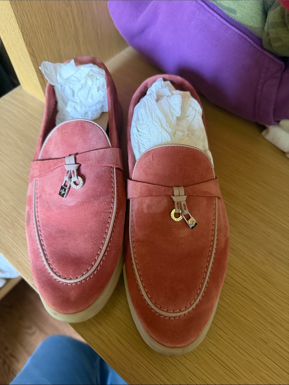 Loro Piana Coral Suede Loafers with Signature Hardware